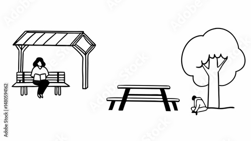 Illustration of people enjoying a park with a bench, picnic table, and a tree in black and white created with generated ai