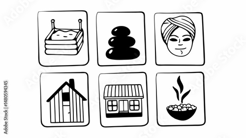 Hand drawn spa and wellness icons featuring hot tub stones face treatment and sauna in square frames created with generated ai