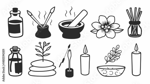 Aromatic spa elements including oils, candles, herbs, flowers and stones in black and white outline created with generated ai