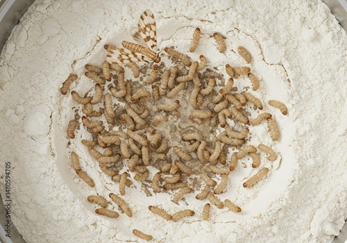 Indian meal moth and larvae infesting flour