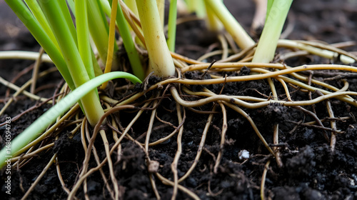 Close-up of intricate plant roots woven into rich soil