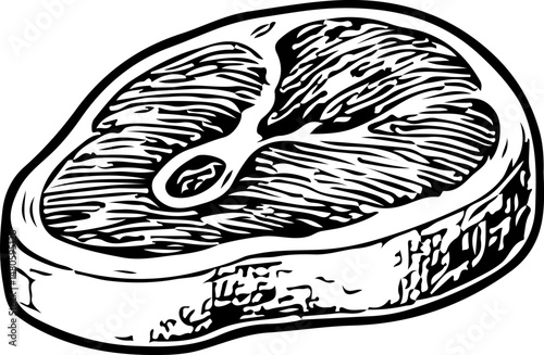 Black and white illustration of raw steak with visible marbling and bone, representing traditional meat, Eid al-Adha sacrifice, culinary art, and fresh food preparation