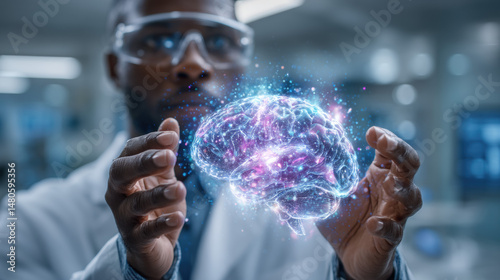 Scientist Holding Digital Brain Hologram in Futuristic Laboratory photo