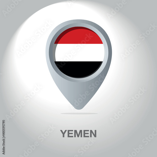 Vector illustration of the flag of Yemen inside the pin icon on the map. A symbolic location marker with the national colors of Yemen on a white background.