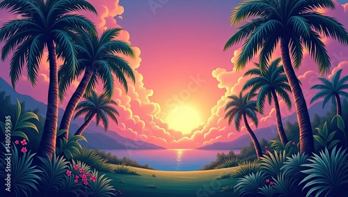 tropical sunset with palm trees