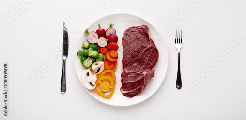Choose right protein source. Served plate with meat and vegetables, top view