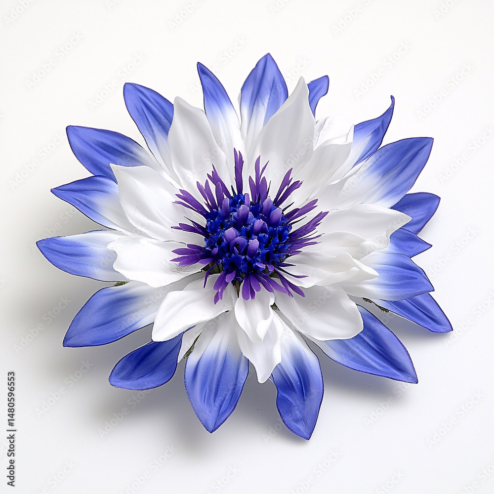 Fototapeta premium A beautiful white dahlia flower with blue tipped petals and a dark blue center isolated on white background.