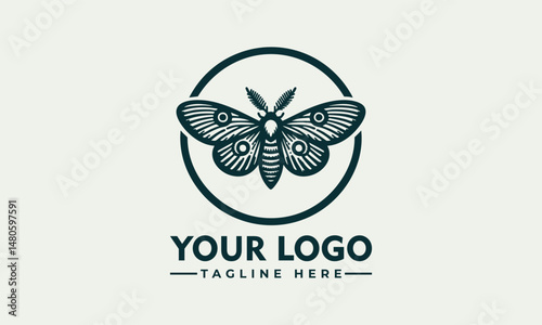Symmetrical moth illustration with detailed wings enclosed in minimal circular frame. Nature concept
