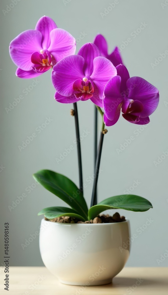 Naklejka premium Elegant purple orchid in stylish ceramic pot, healthy foliage , detail, green, texture