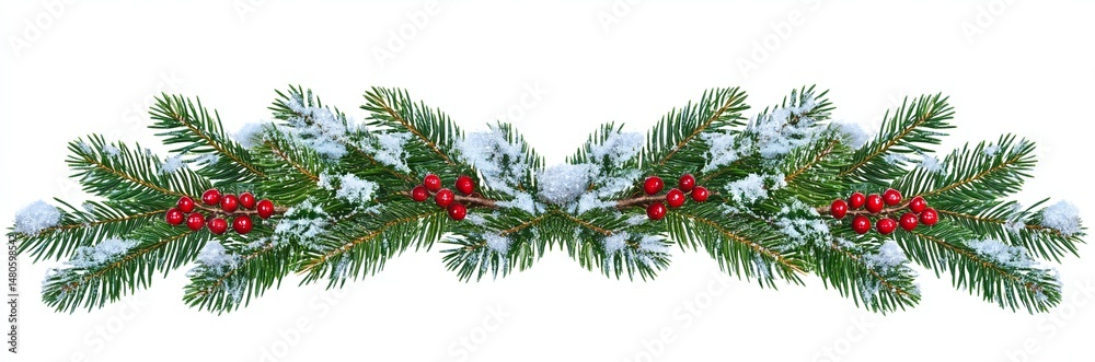 Majestic Christmas Border with Ornate Branches and Garlands in Winter Wonderland Scene, Perfect for Holiday Cards, Banners, Calendars, and Gift Packaging