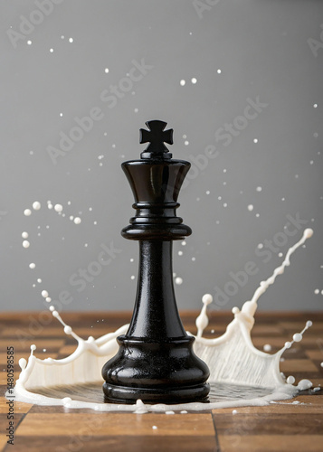 Black chess king with white liquid splash on wooden surface
