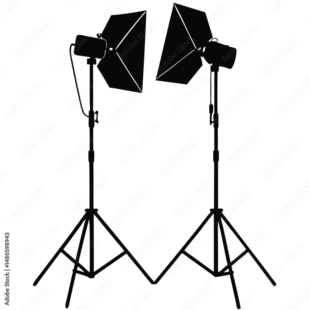 A professional photography studio uses isolated flash light equipment with a softbox and umbrella on a metal stand for photographic lighting