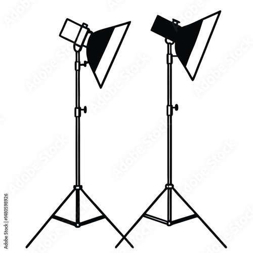 Professional photography studio equipment includes an isolated white backdrop, flash strobe light, and a sturdy metal stand