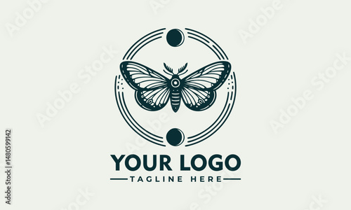Symmetrical moth illustration with detailed wings enclosed in minimal circular frame. Nature concept
