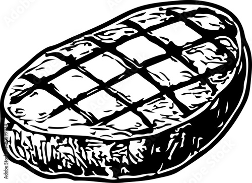 Black and white illustration of a steak with crosshatch grill marks, detailed line art perfect for culinary, food illustration, grilling, restaurant design, and food packaging projects