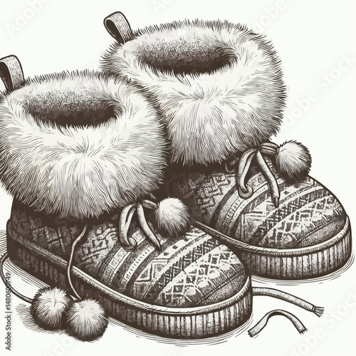 Illustrated cozy fur-lined slippers with decorative pom-poms, warm comfort concept