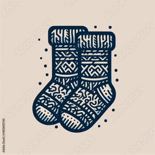 Illustrated cozy knitted socks with patterns, winter warmth concept
