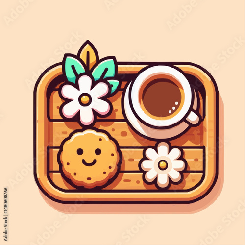 Cute illustrated breakfast tray with coffee, cookies, and flowers, cheerful morning concept
