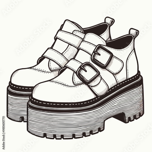 Stylish illustrated platform shoes with buckles, trendy footwear design concept