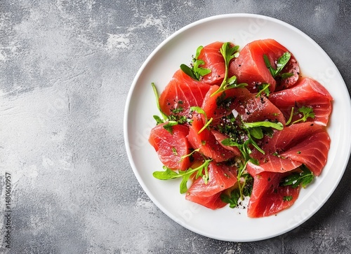 Tuna Carpaccio with Arugula on Plate