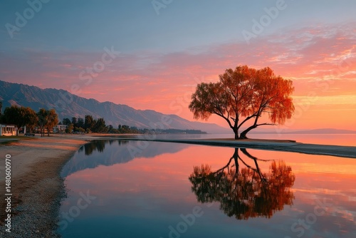 Sunset over serene lake with majestic tree reflecting in tranquil water near mountains