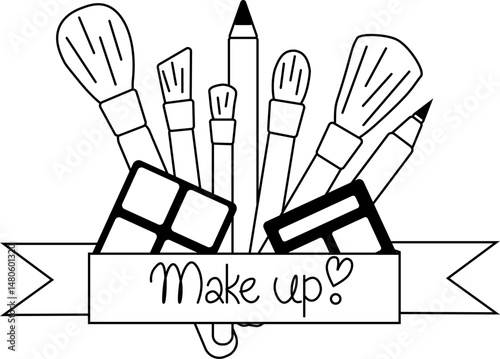 Cosmetics products, fashion makeup banner. Brushes, powder palettes, lipstick, eye pencil, composition. Vector graphic line illustration. Black and white cute cosmetic makeup art.