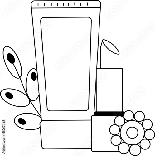 cream with lipstick and flowers composition. Vector graphic line illustration. Black and white cute cosmetic makeup art. Banner, poster, wrapping paper, sticker, print, modern textile design.