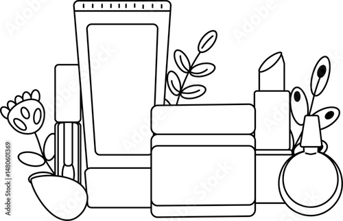 Makeup Cosmetic Product composition. Vector graphic line illustration. Black and white cute cosmetic makeup art. Banner, poster, wrapping paper, sticker, print, modern textile design.