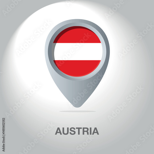 Vector illustration of the Austrian flag inside the pin icon on the map. A symbolic location marker with the national colors of Austria on a white background.