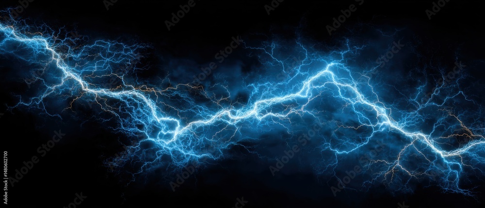 Fototapeta premium Electric Blue Lightning Strike Energy Discharge Power Surge Abstract Design on Black Background High Voltage Concept