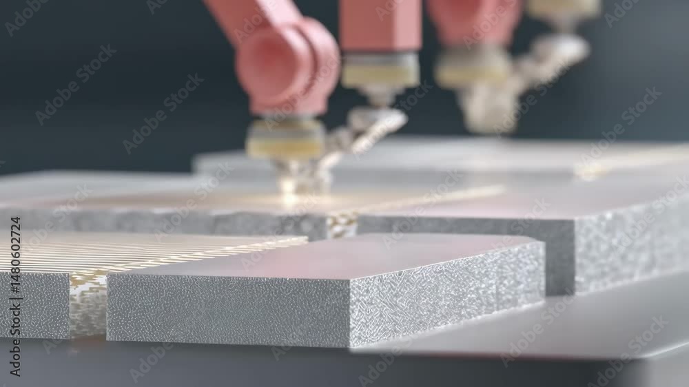 Closeup view of a swarm of robotic units using specialized tools to join structural panels of a mockup lunar base highlighting intricate mechanical movements and precision engineering.