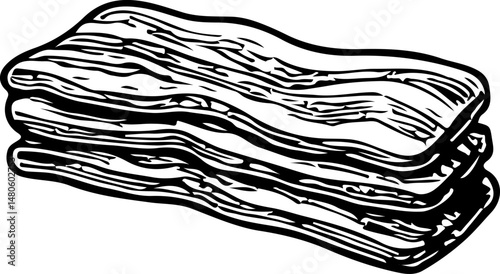 black and white illustration of three stacked bacon strips with wavy edges and visible fat streaks. Ideal for culinary art, food illustration, breakfast themes, and cooking-related visuals