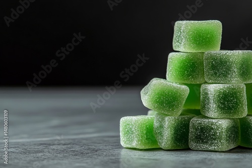 macro photo of cannabis edible (gummy) with sugar coating and green coloring, playful tone 