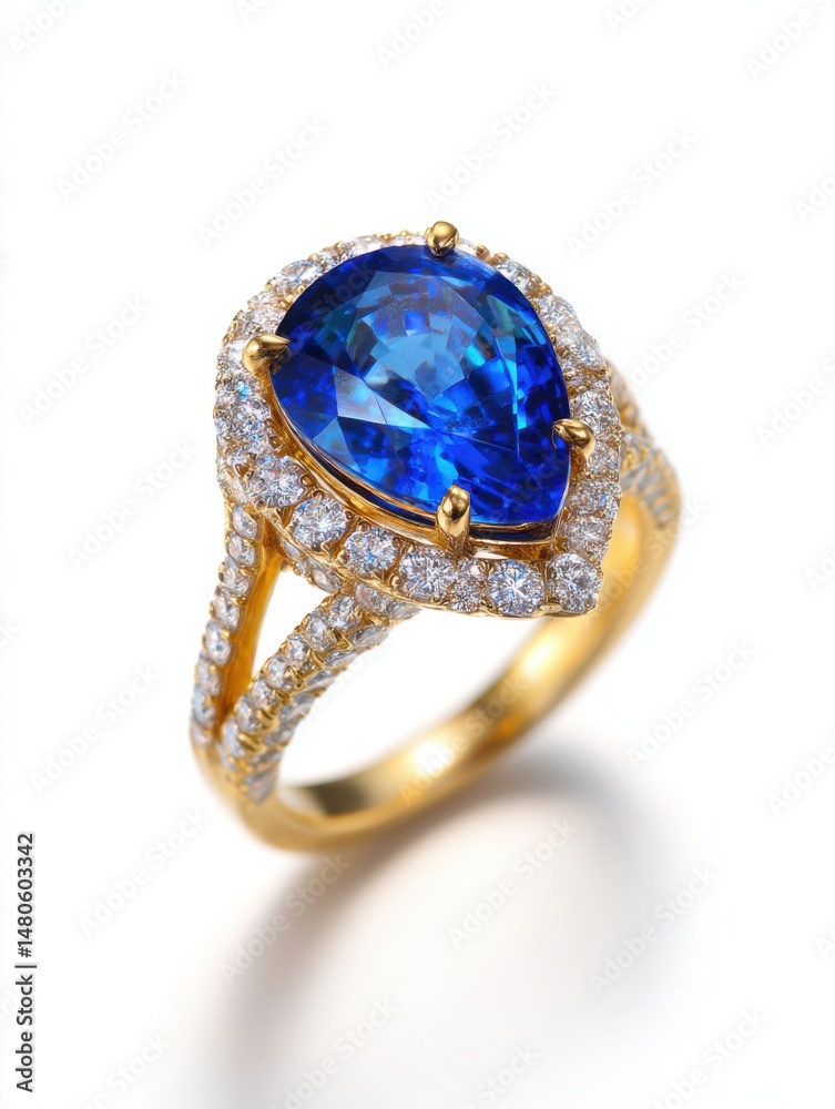 Sapphire ring close up on white background gold band diamond halo jewelry fashion accessory luxury gift Sapphire ring close up on white background gold band diamond halo jewelry fashion accessory luxury gift
