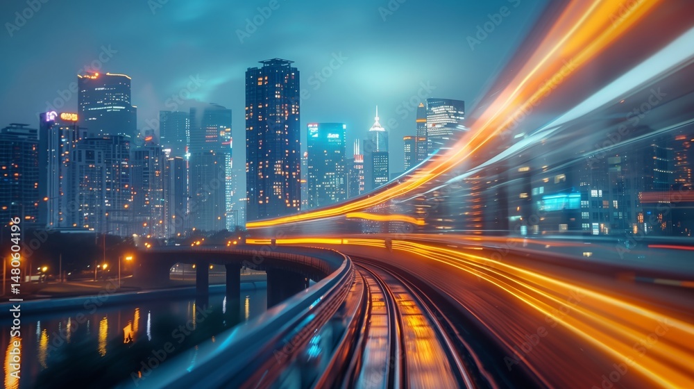 Fototapeta premium A train crossing a bridge with a cityscape backdrop at night