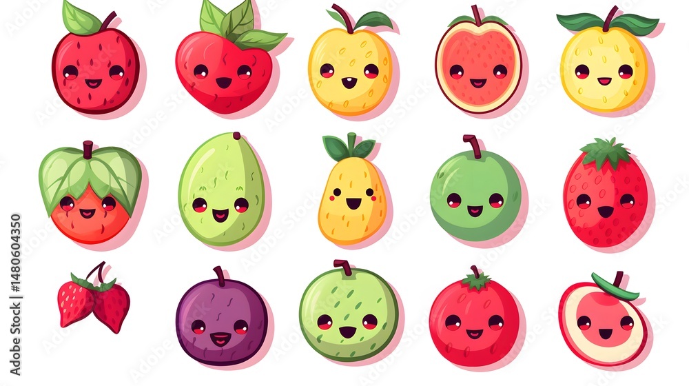 Fototapeta premium Colorful Collection of Cute Fruit Stickers for Creative Projects and Scrapbooking