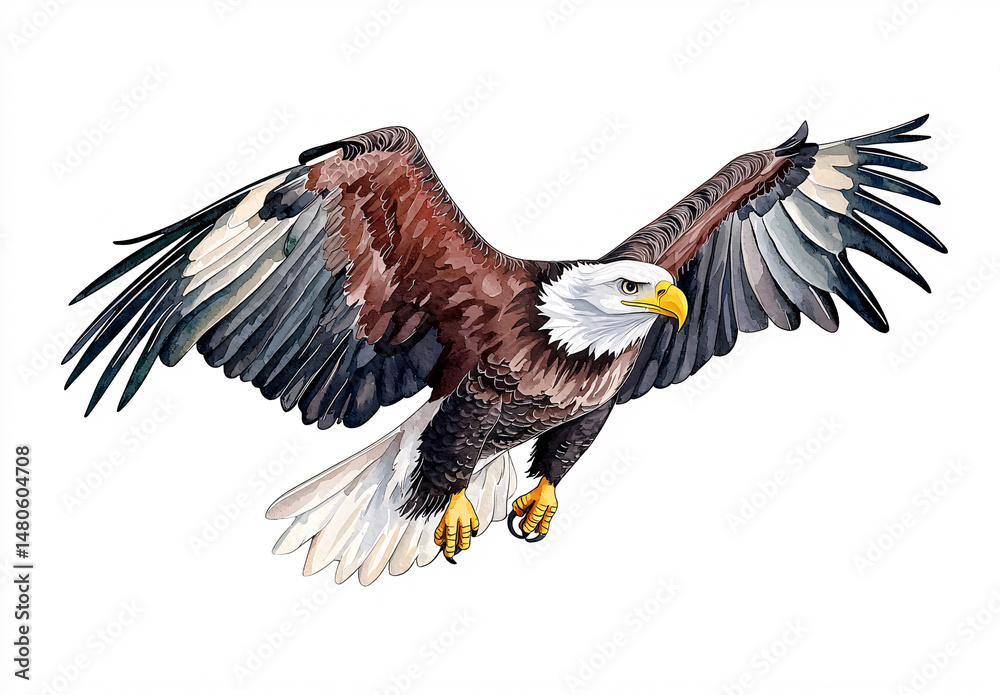 Fototapeta premium A majestic bald eagle with spread wings soars gracefully against a clean white backdrop in digital art.