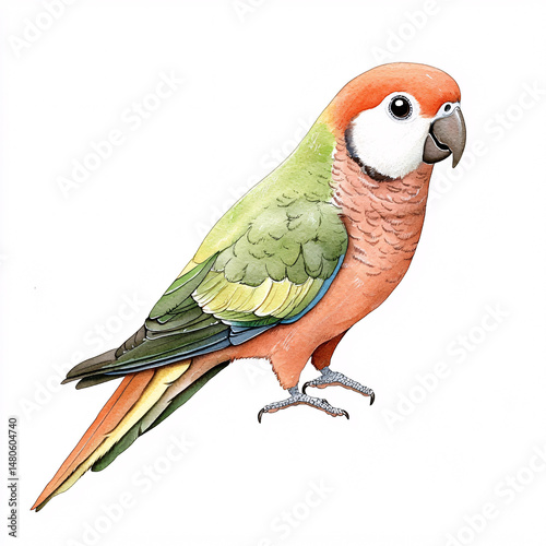 A vibrant peach fronted parakeet, showcasing its beautiful green and orange plumage, rests on a white s.