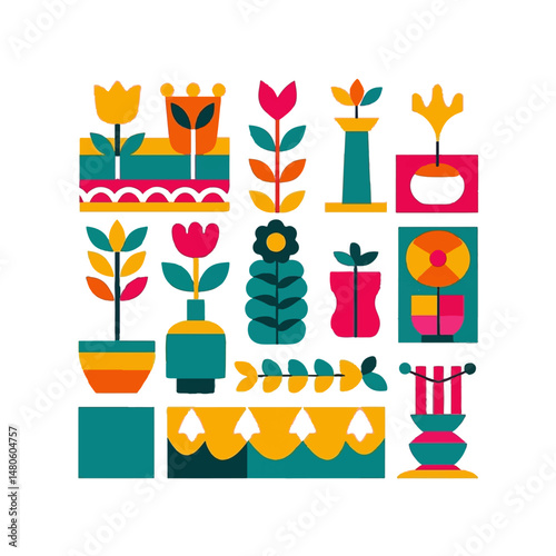 Vibrant Floral Geometric Pattern Scandinavian Minimalist Art Print
