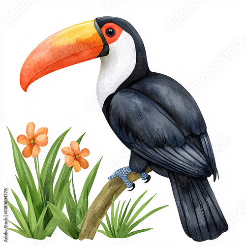 Watercolor illustration shows a toucan bird perched on branch with orange flowers against white background.
