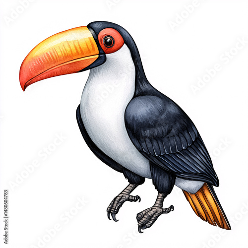 Watercolor illustration of a toucan bird standing with bright plumage and a distinctive orange beak on white.