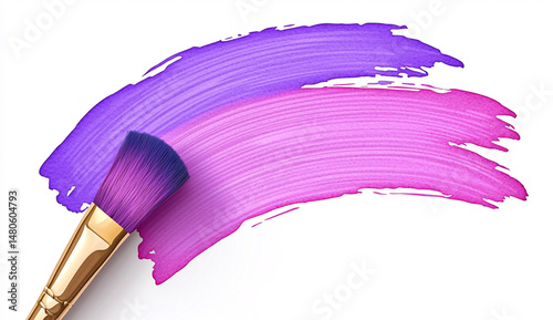 A paintbrush with golden handle paints a vibrant purple and pink arc on a clean white s surface.