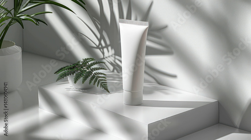 Minimalist skincare product tube placed on white geometric steps with natural shadows and green plants, creating a fresh, modern aesthetic.