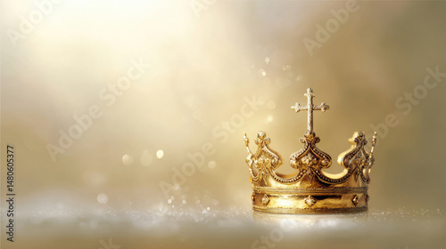 Golden crown on a sparkling surface, bathed in soft, ethereal light, symbol of royalty
