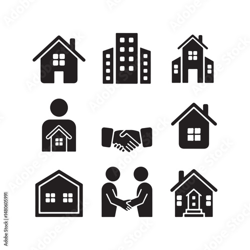 Dynamic Real Estate Icons Collection Representing Modern House, Home, and Property Concepts