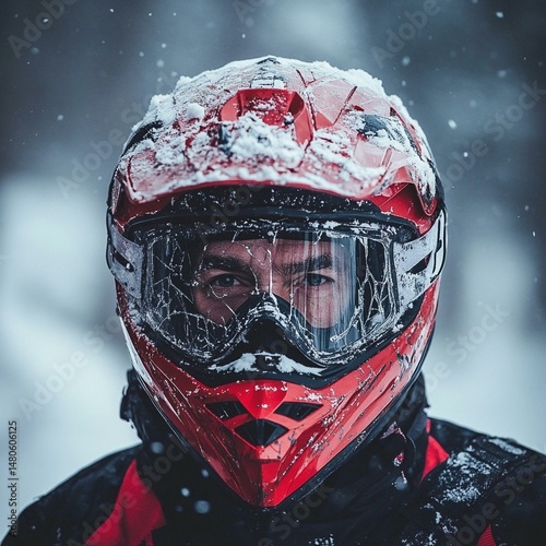 Snowmobiler with cracked helmet looking ahead