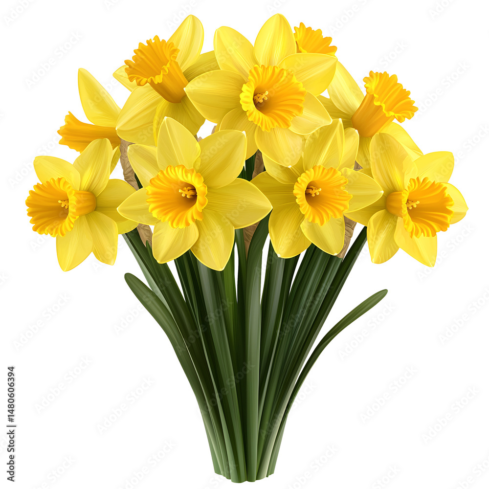 Fototapeta premium Bright Yellow Daffodil Bouquet on White Background