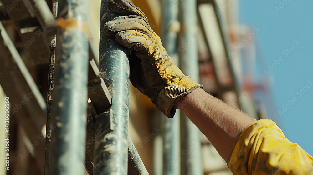 Construction Worker's Hand on Scaffolding Construction Worker's Hand on Scaffolding