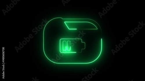 Glowing neon low-battery icon isolated on black background. HD Video motion graphic animation