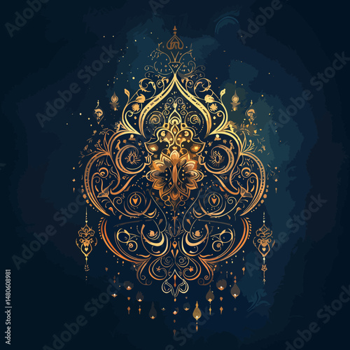 Golden Thuluth calligraphy of  Modern Islamic on deep navy or emerald background with arabesque patterns and glowing light. Elegant, spiritual vector artwork perfect for digital and print.